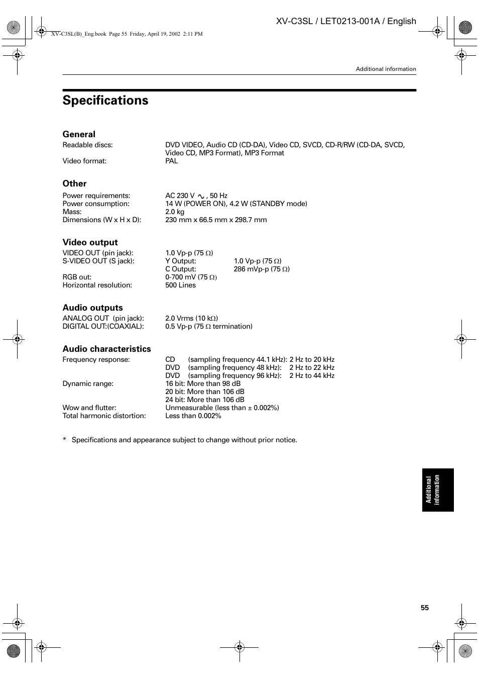 Specifications | JVC LET0213-001A User Manual | Page 57 / 62