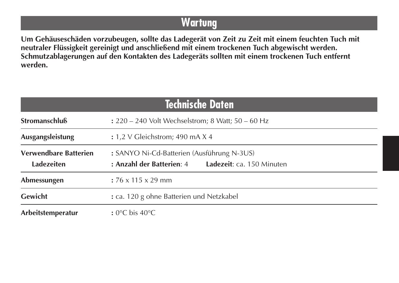 Wartung, Technische daten | JVC BH-VC20EG/EK User Manual | Page 21 / 32