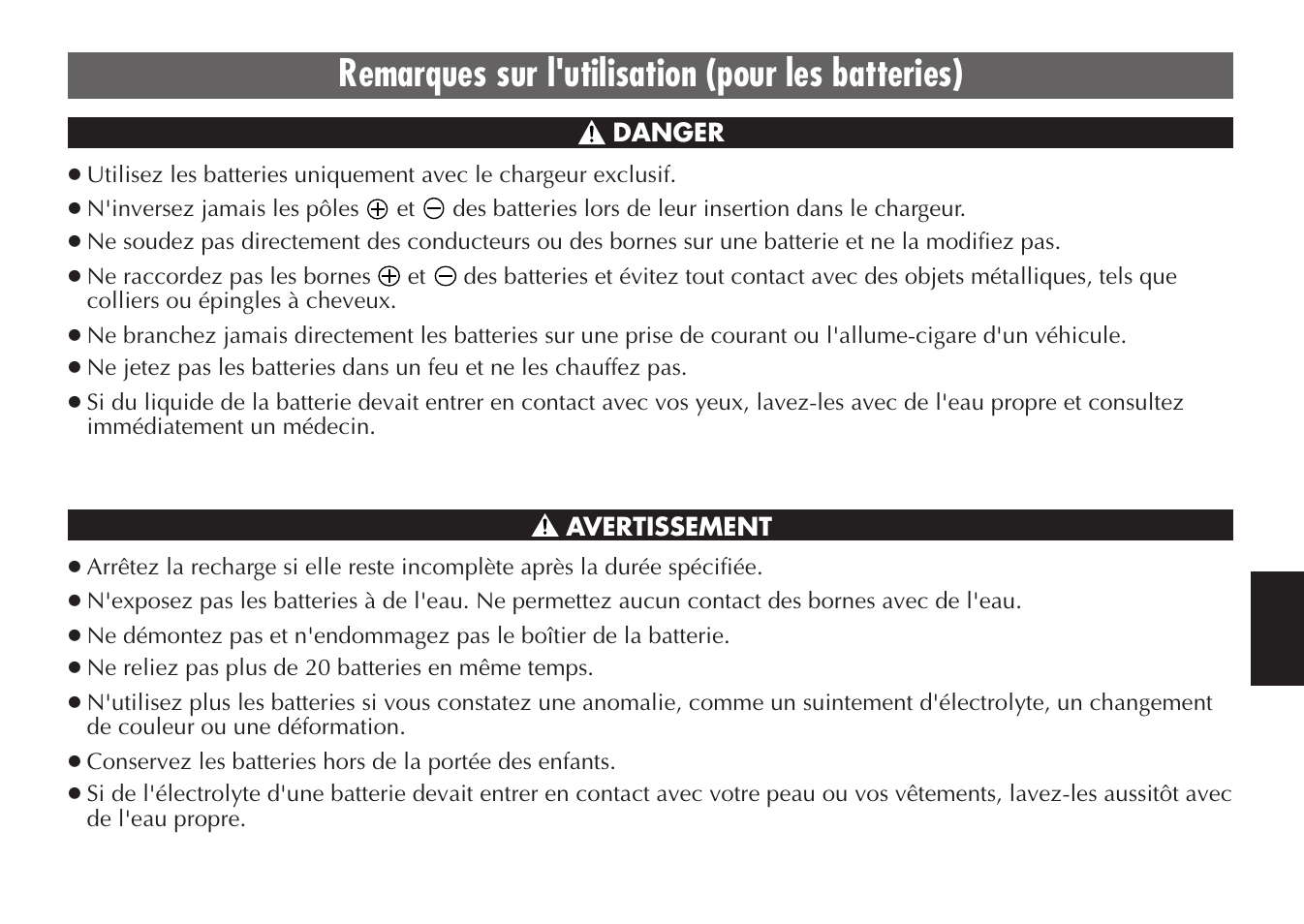 Remarques sur l'utilisation (pour les batteries) | JVC BH-VC20EG/EK User Manual | Page 25 / 32