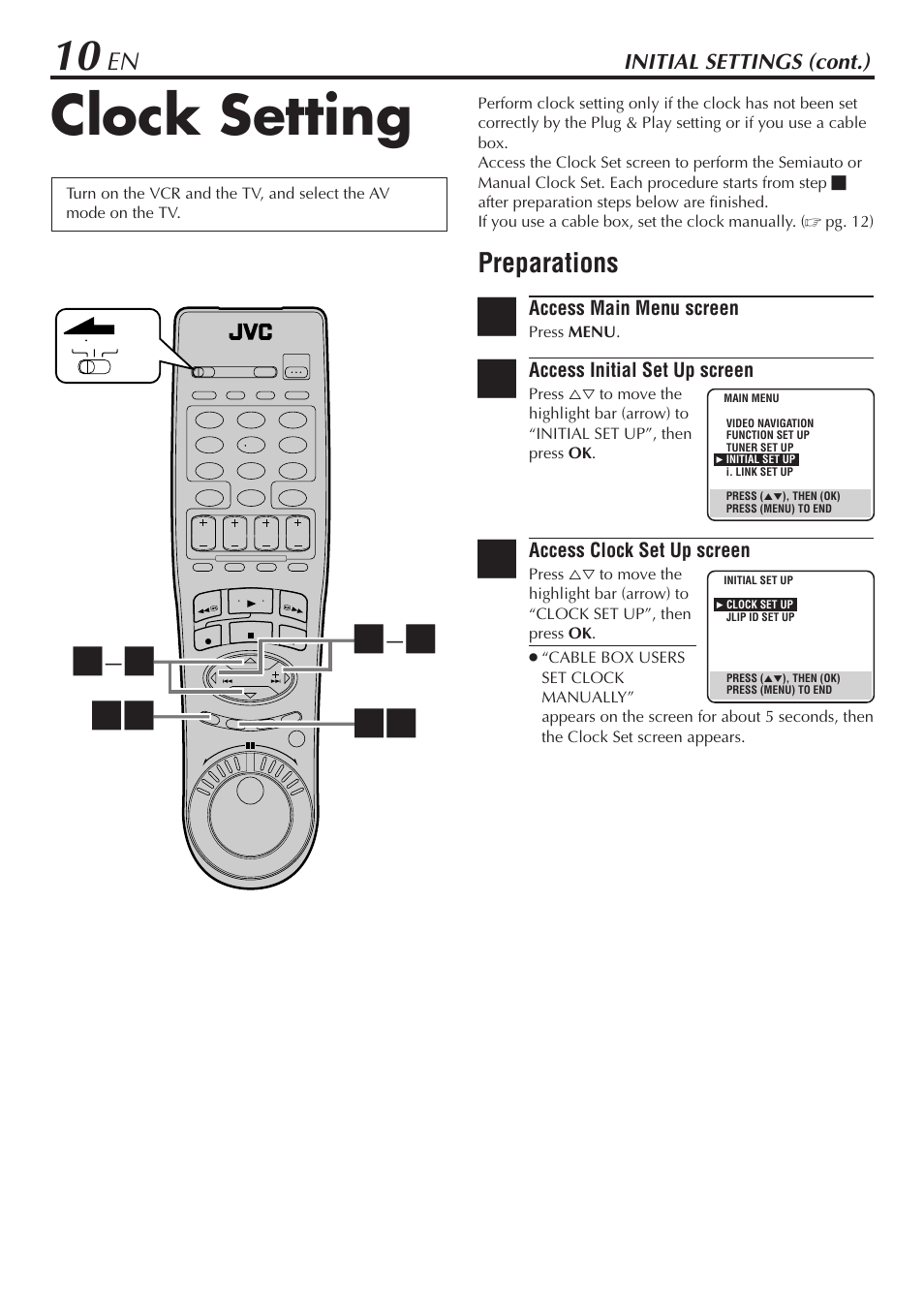 Clock setting, Preparations | JVC HM-DH30000U User Manual | Page 10 / 84