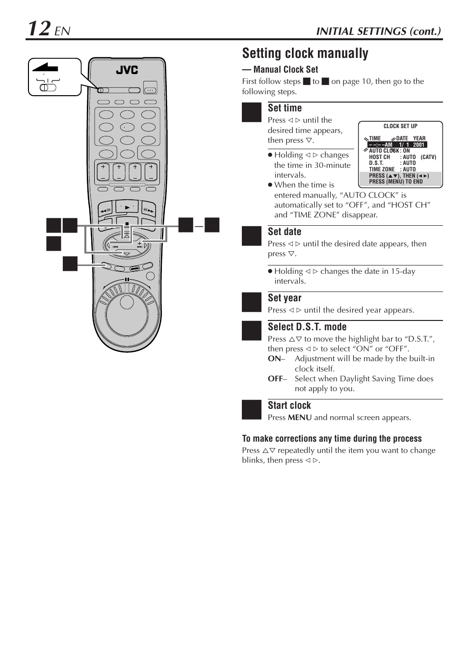 Setting clock manually, Initial settings (cont.) | JVC HM-DH30000U User Manual | Page 12 / 84