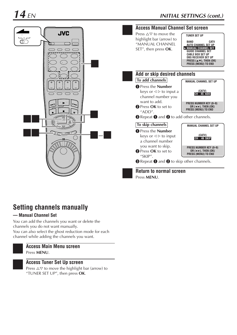 Setting channels manually, Initial settings (cont.) | JVC HM-DH30000U User Manual | Page 14 / 84