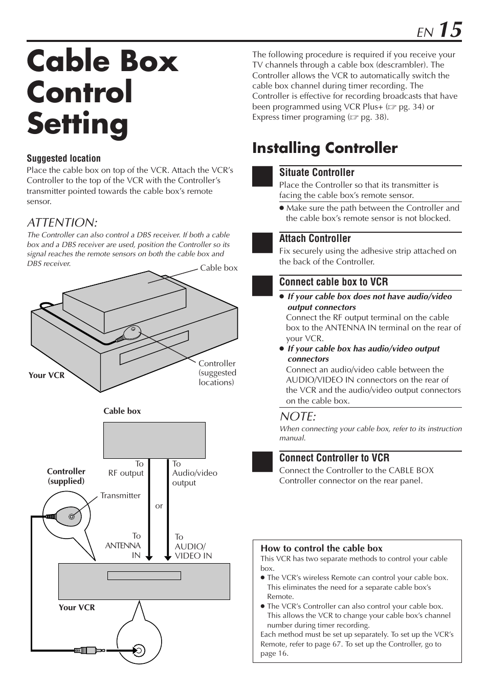 Cable box control setting, Installing controller, Attention | JVC HM-DH30000U User Manual | Page 15 / 84