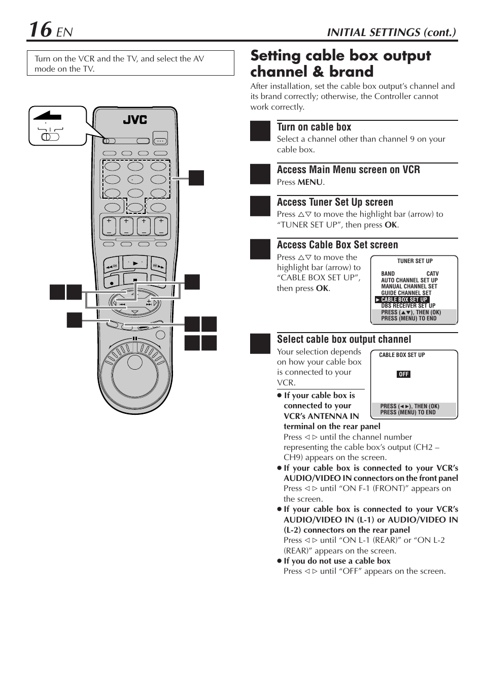Setting cable box output channel & brand | JVC HM-DH30000U User Manual | Page 16 / 84