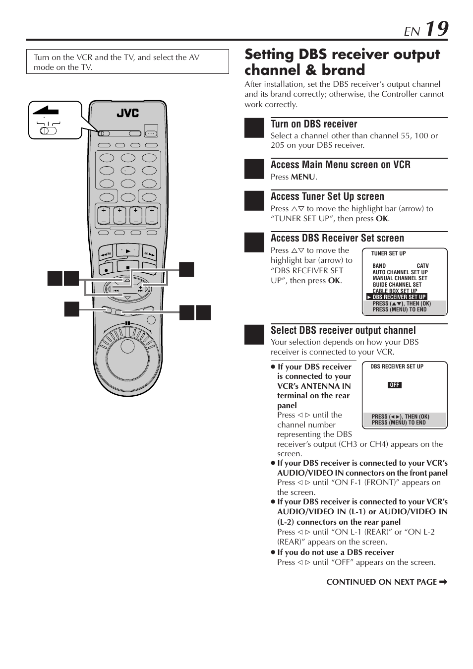 Setting dbs receiver output channel & brand | JVC HM-DH30000U User Manual | Page 19 / 84