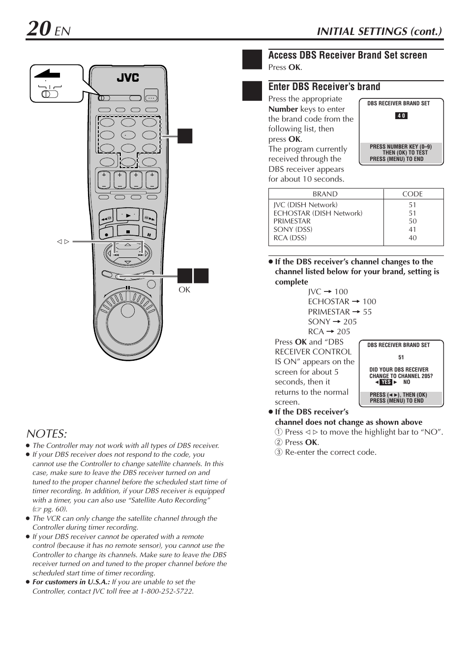 Initial settings (cont.), Access dbs receiver brand set screen, Enter dbs receiver’s brand | JVC HM-DH30000U User Manual | Page 20 / 84