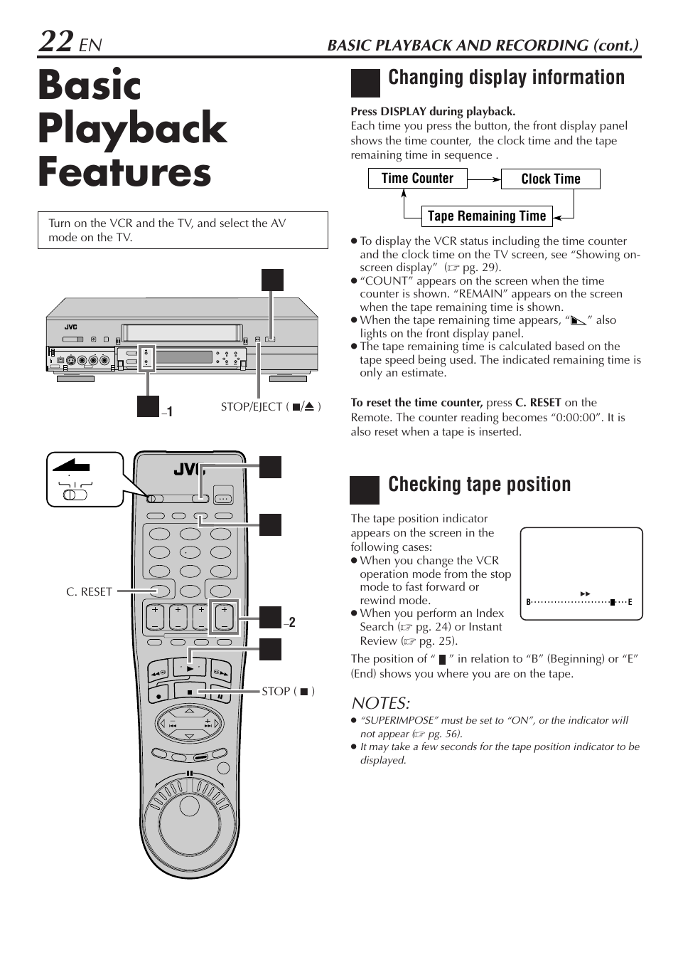 Basic playback features, Ae d, Changing display information | Checking tape position, Basic playback and recording (cont.) | JVC HM-DH30000U User Manual | Page 22 / 84