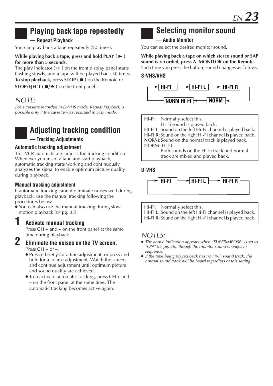 Selecting monitor sound, Playing back tape repeatedly, Adjusting tracking condition | JVC HM-DH30000U User Manual | Page 23 / 84