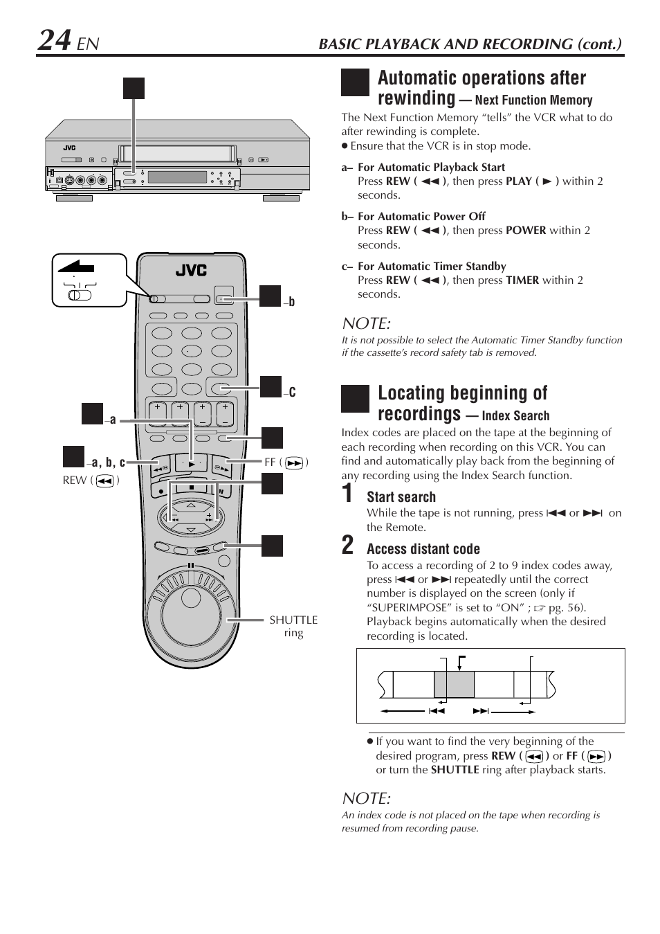 Hg i, Automatic operations after rewinding, Locating beginning of recordings | Basic playback and recording (cont.) | JVC HM-DH30000U User Manual | Page 24 / 84