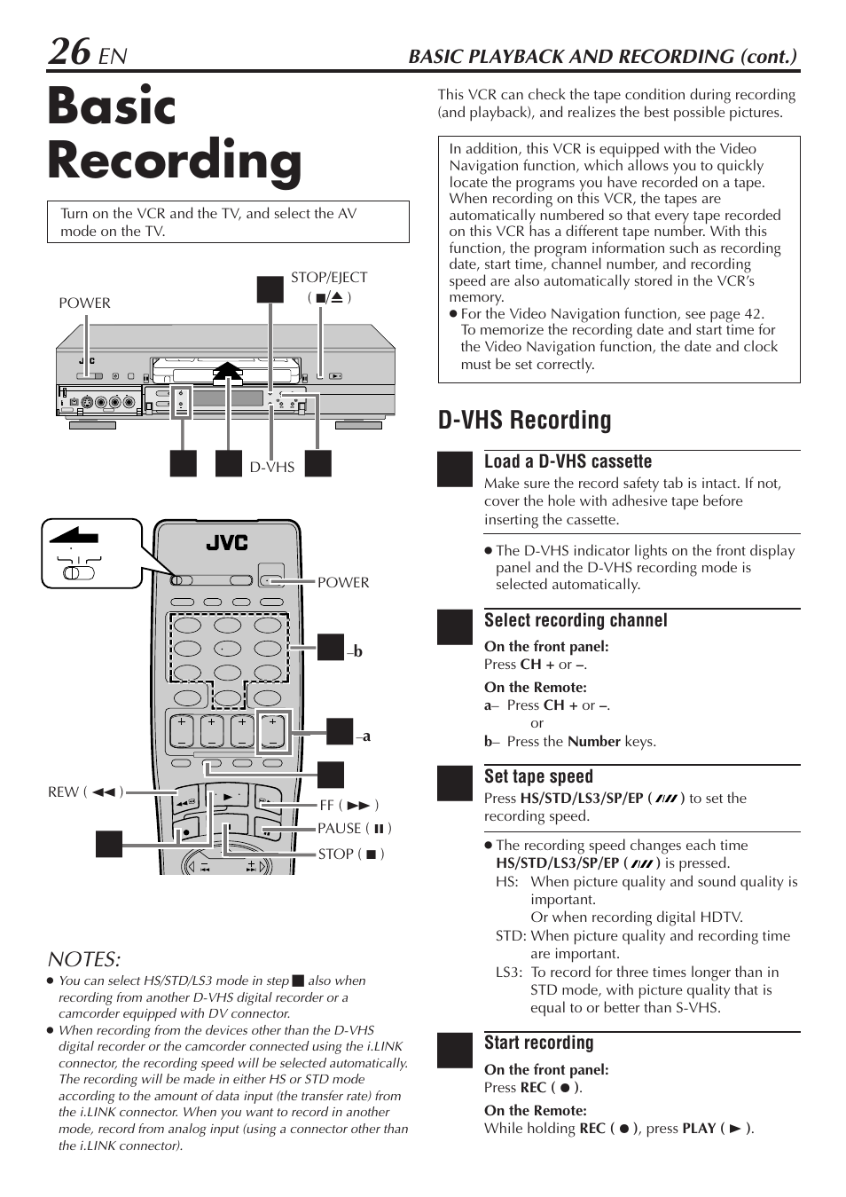 Basic recording, D-vhs recording | JVC HM-DH30000U User Manual | Page 26 / 84