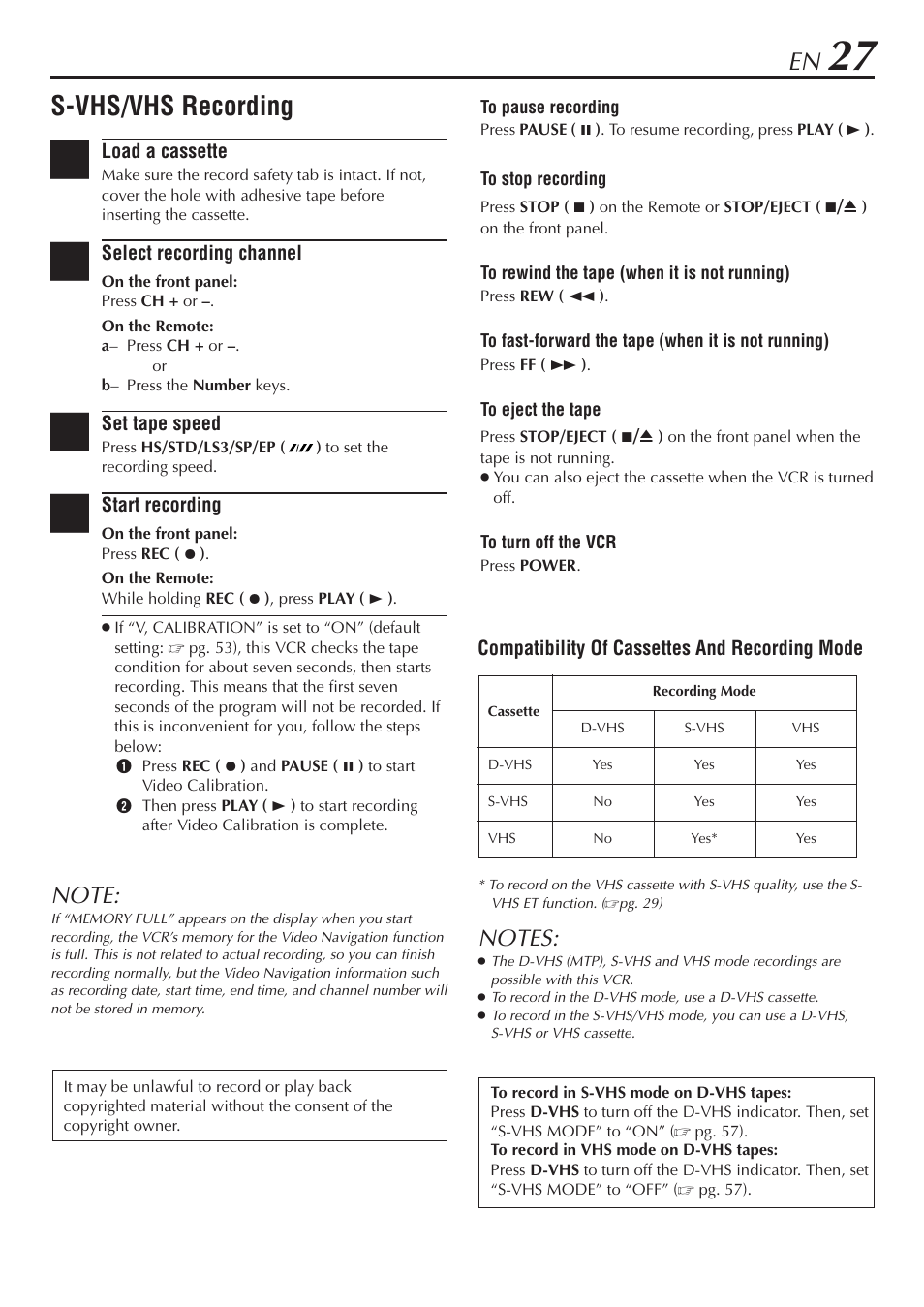 S-vhs/vhs recording | JVC HM-DH30000U User Manual | Page 27 / 84