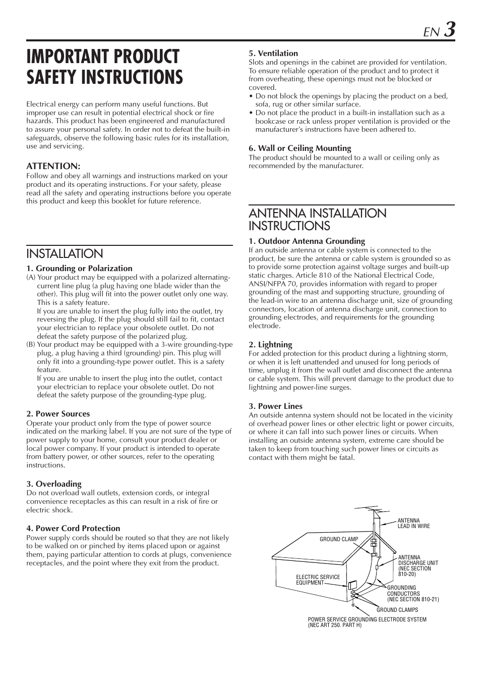 Important product safety instructions, Installation, Antenna installation instructions | JVC HM-DH30000U User Manual | Page 3 / 84