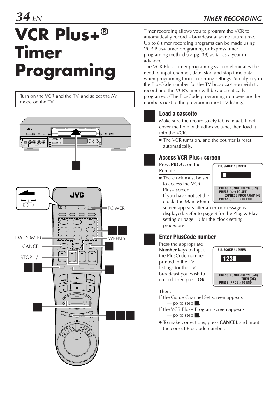 Timer recording, Vcr plus, Timer programing | JVC HM-DH30000U User Manual | Page 34 / 84