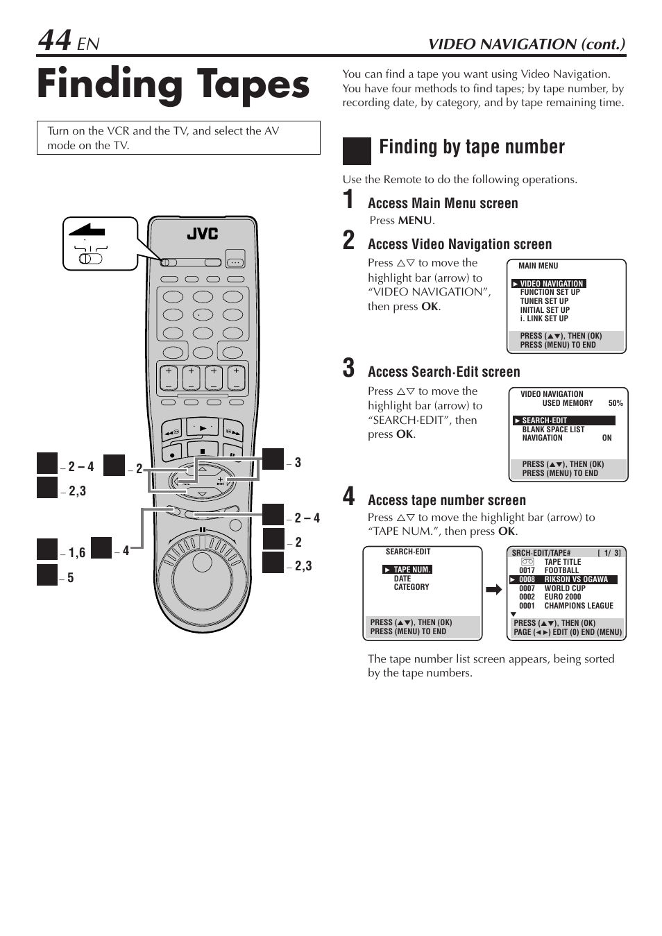 Finding tapes, Finding by tape number, Video navigation (cont.) | JVC HM-DH30000U User Manual | Page 44 / 84