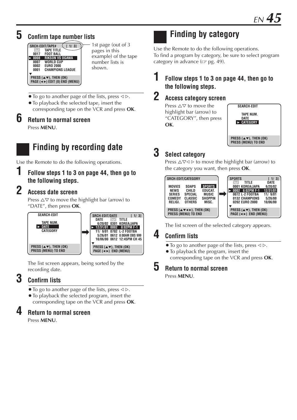 Finding by recording date, Finding by category, Confirm tape number lists | Return to normal screen, Access date screen, Confirm lists, Access category screen, Select category | JVC HM-DH30000U User Manual | Page 45 / 84