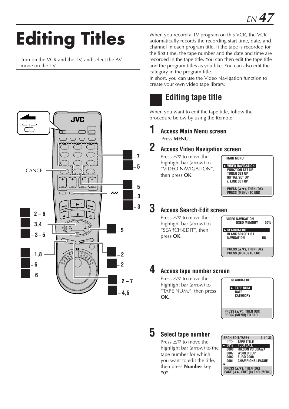 Editing titles, Editing tape title | JVC HM-DH30000U User Manual | Page 47 / 84