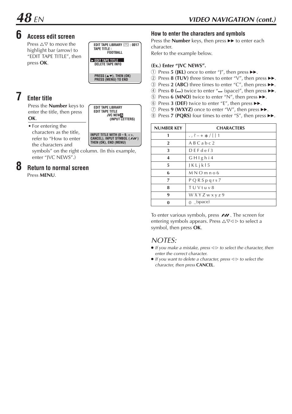 Video navigation (cont.), Access edit screen, Enter title | Return to normal screen | JVC HM-DH30000U User Manual | Page 48 / 84