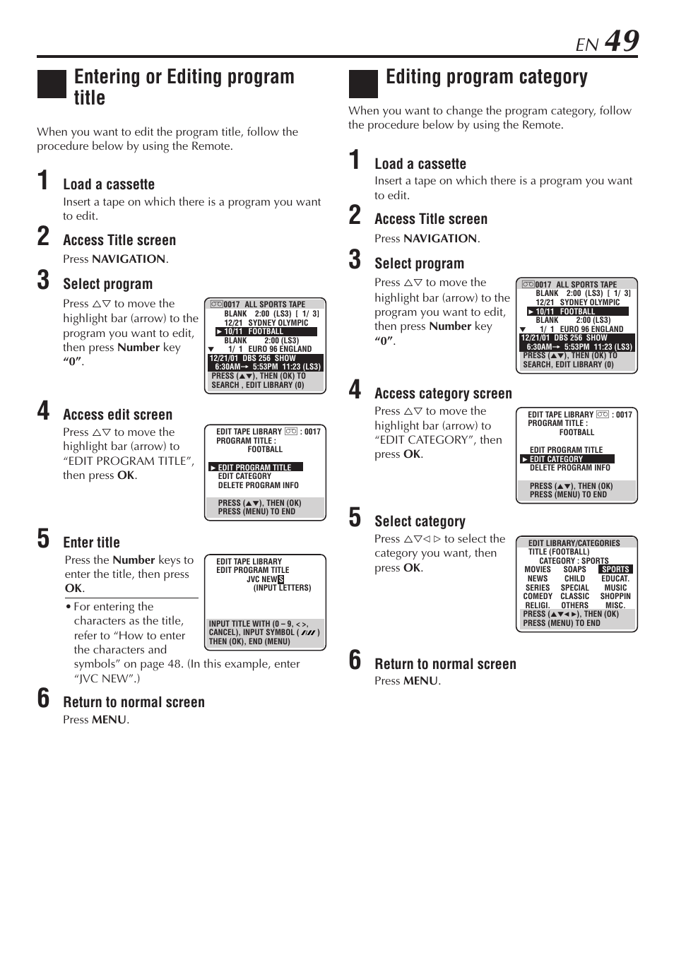Entering or editing program title, Editing program category | JVC HM-DH30000U User Manual | Page 49 / 84