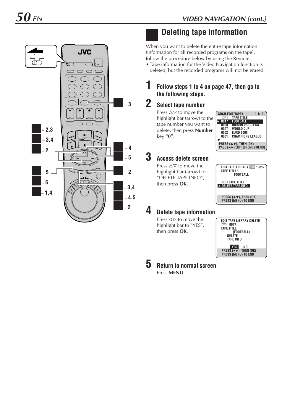 Deleting tape information, Video navigation (cont.) | JVC HM-DH30000U User Manual | Page 50 / 84