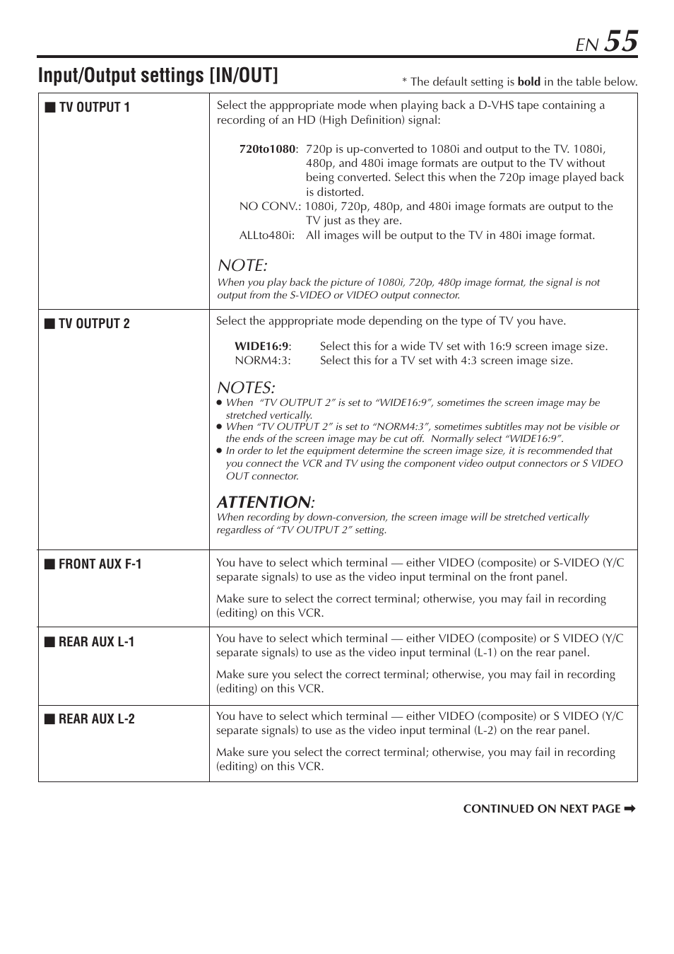 Input/output settings [in/out, Attention | JVC HM-DH30000U User Manual | Page 55 / 84