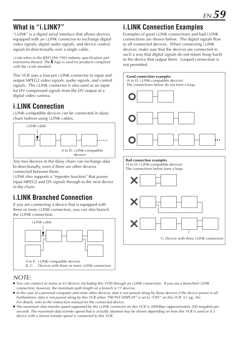 What is “i.link, I.link connection, I.link branched connection | I.link connection examples | JVC HM-DH30000U User Manual | Page 59 / 84