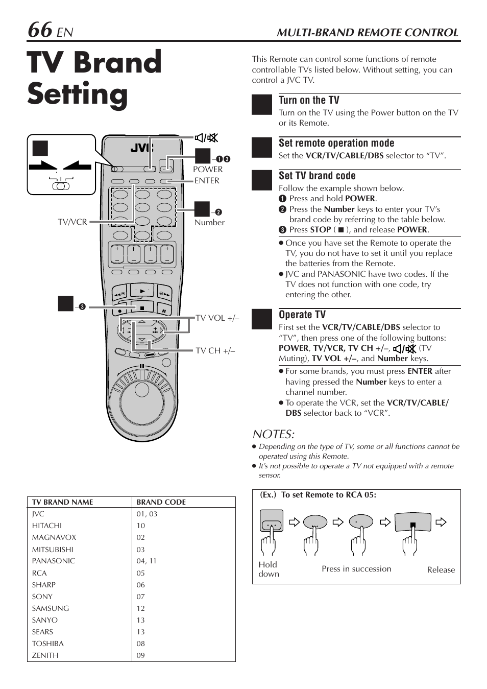 Multi-brand remote control, Tv brand setting | JVC HM-DH30000U User Manual | Page 66 / 84