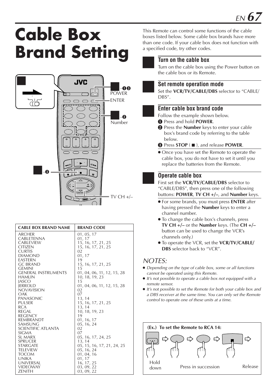 Cable box brand setting, Turn on the cable box, Set remote operation mode | Enter cable box brand code, Operate cable box | JVC HM-DH30000U User Manual | Page 67 / 84