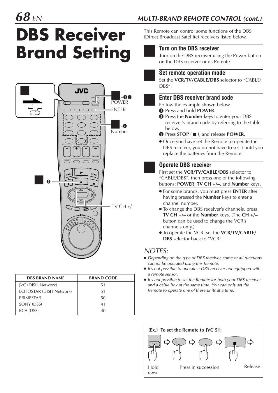 Dbs receiver brand setting, Multi-brand remote control (cont.) | JVC HM-DH30000U User Manual | Page 68 / 84