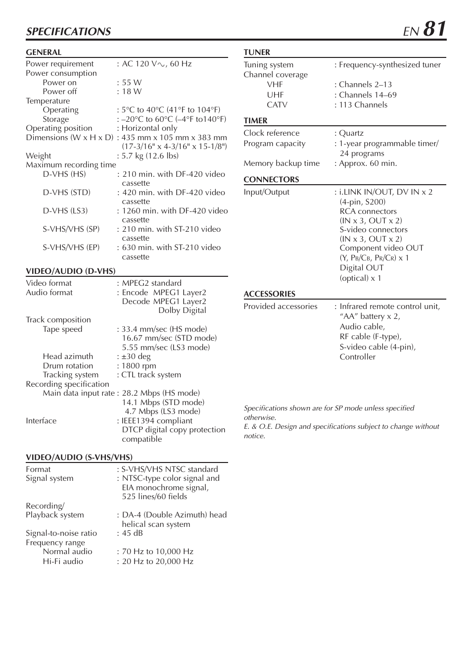 Specifications | JVC HM-DH30000U User Manual | Page 81 / 84