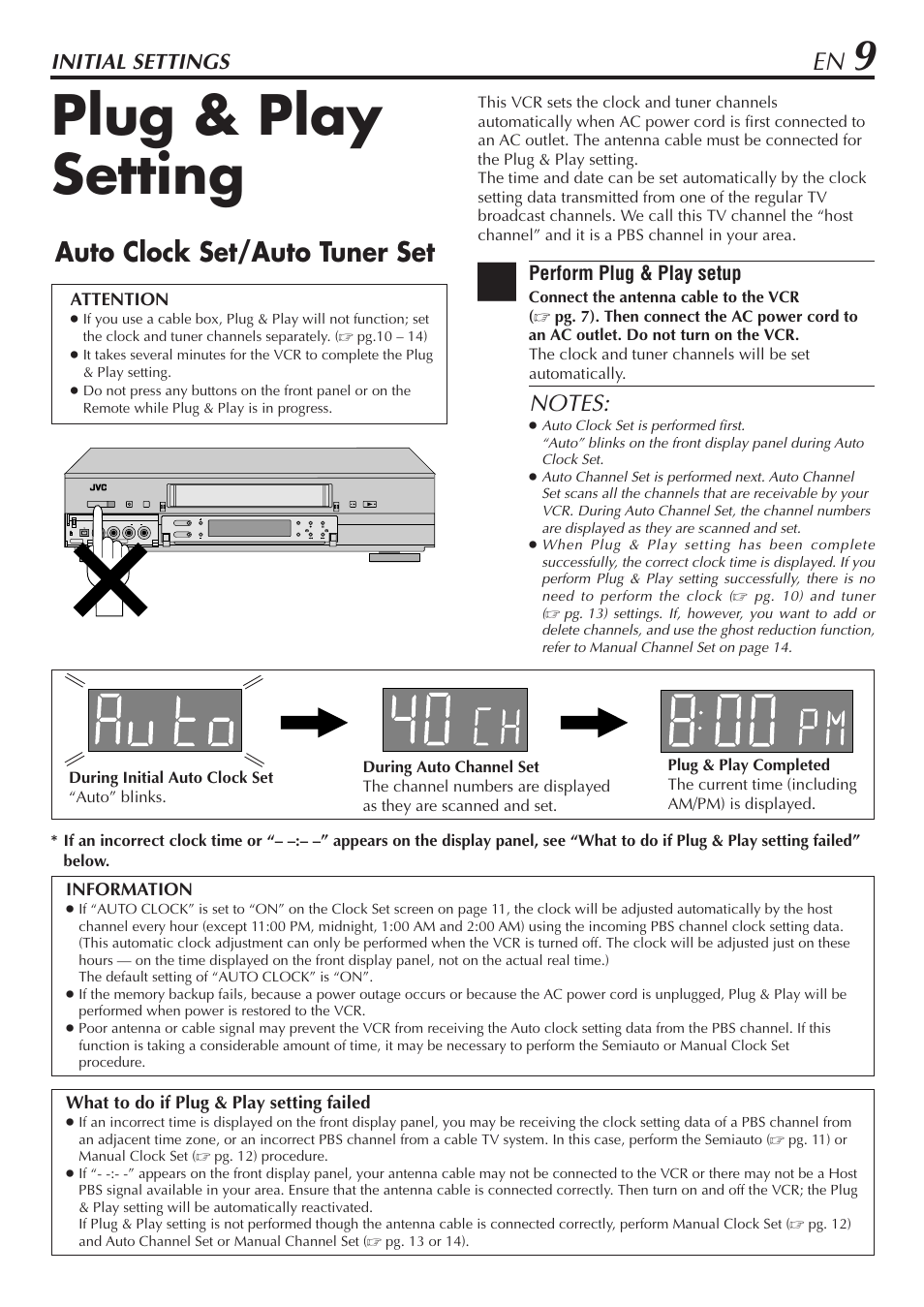 Initial settings, Plug & play setting, Auto clock set/auto tuner set | JVC HM-DH30000U User Manual | Page 9 / 84