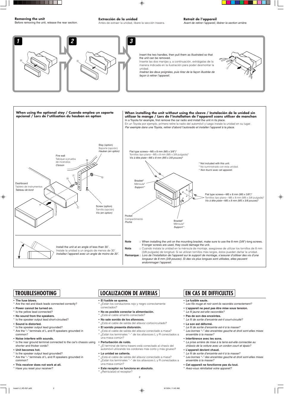 Troubleshooting, En cas de difficultes, Localizacion de averias | JVC KD-S21 User Manual | Page 2 / 4