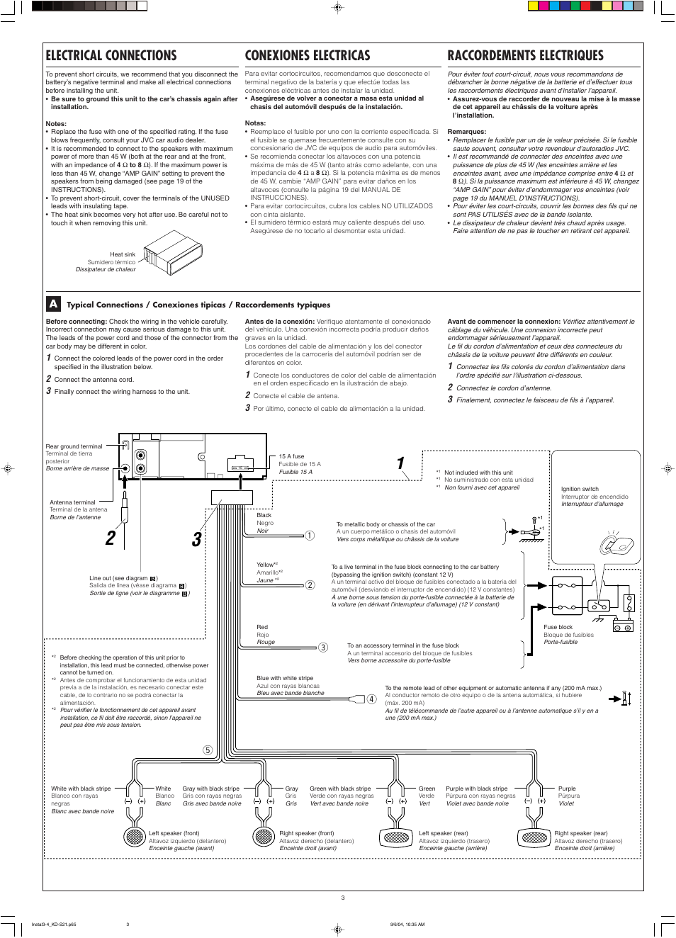 Raccordements electriques, Electrical connections, Conexiones electricas | JVC KD-S21 User Manual | Page 3 / 4