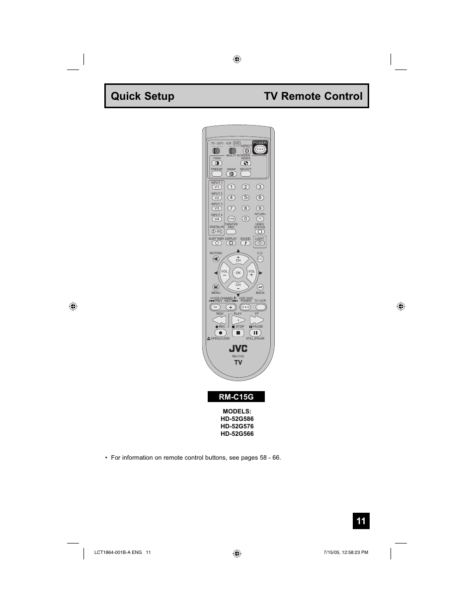 Quick setup tv remote control, Rm-c15g | JVC HD-52G566 User Manual | Page 11 / 80