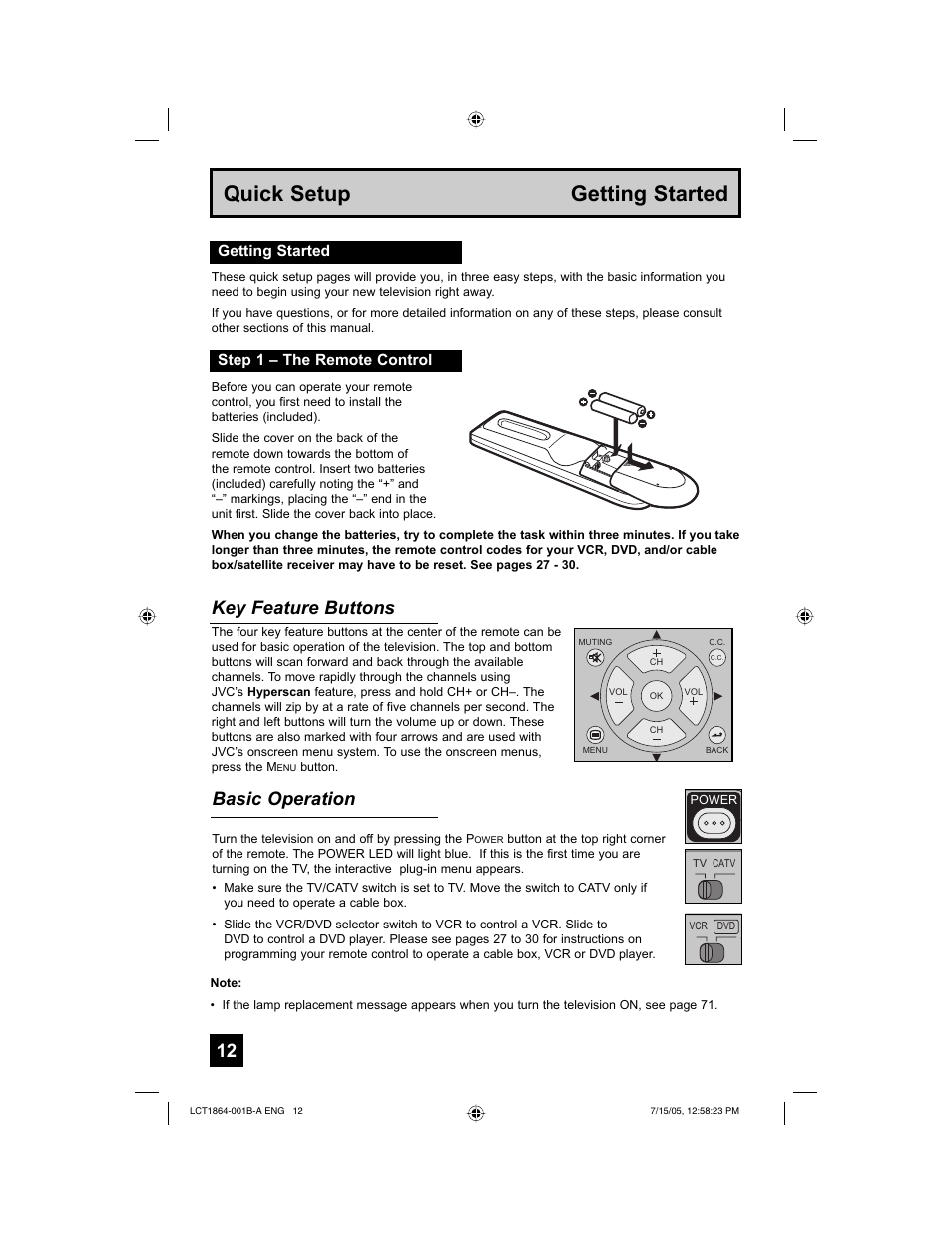 Quick setup getting started, Key feature buttons, Basic operation | Getting started step 1 – the remote control | JVC HD-52G566 User Manual | Page 12 / 80