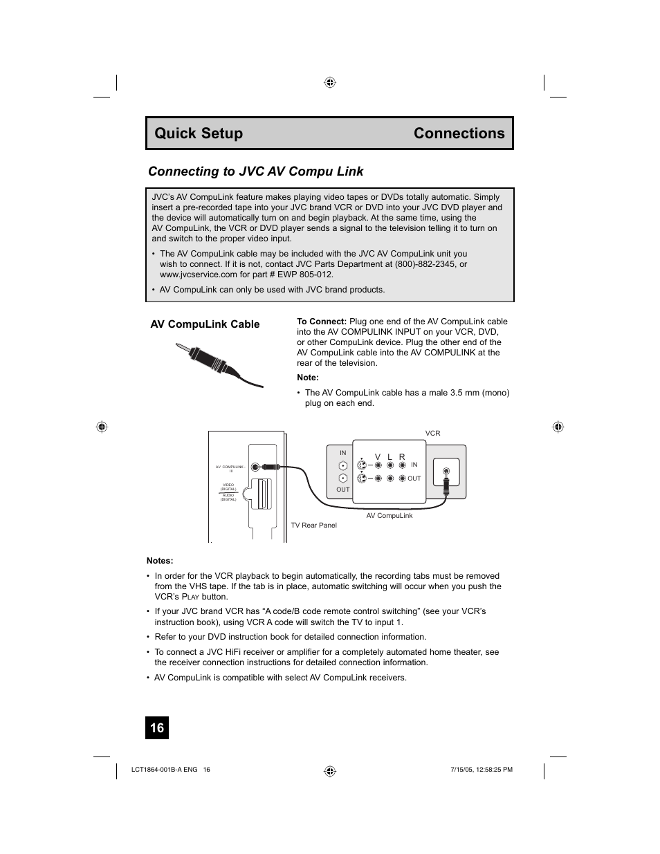 Quick setup connections, Connecting to jvc av compu link, Av compulink cable | JVC HD-52G566 User Manual | Page 16 / 80