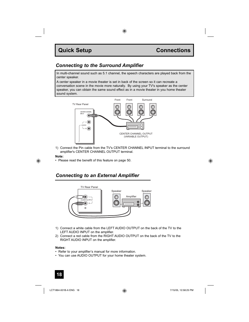 Quick setup connections, Connecting to the surround amplifier, Connecting to an external amplifier | JVC HD-52G566 User Manual | Page 18 / 80