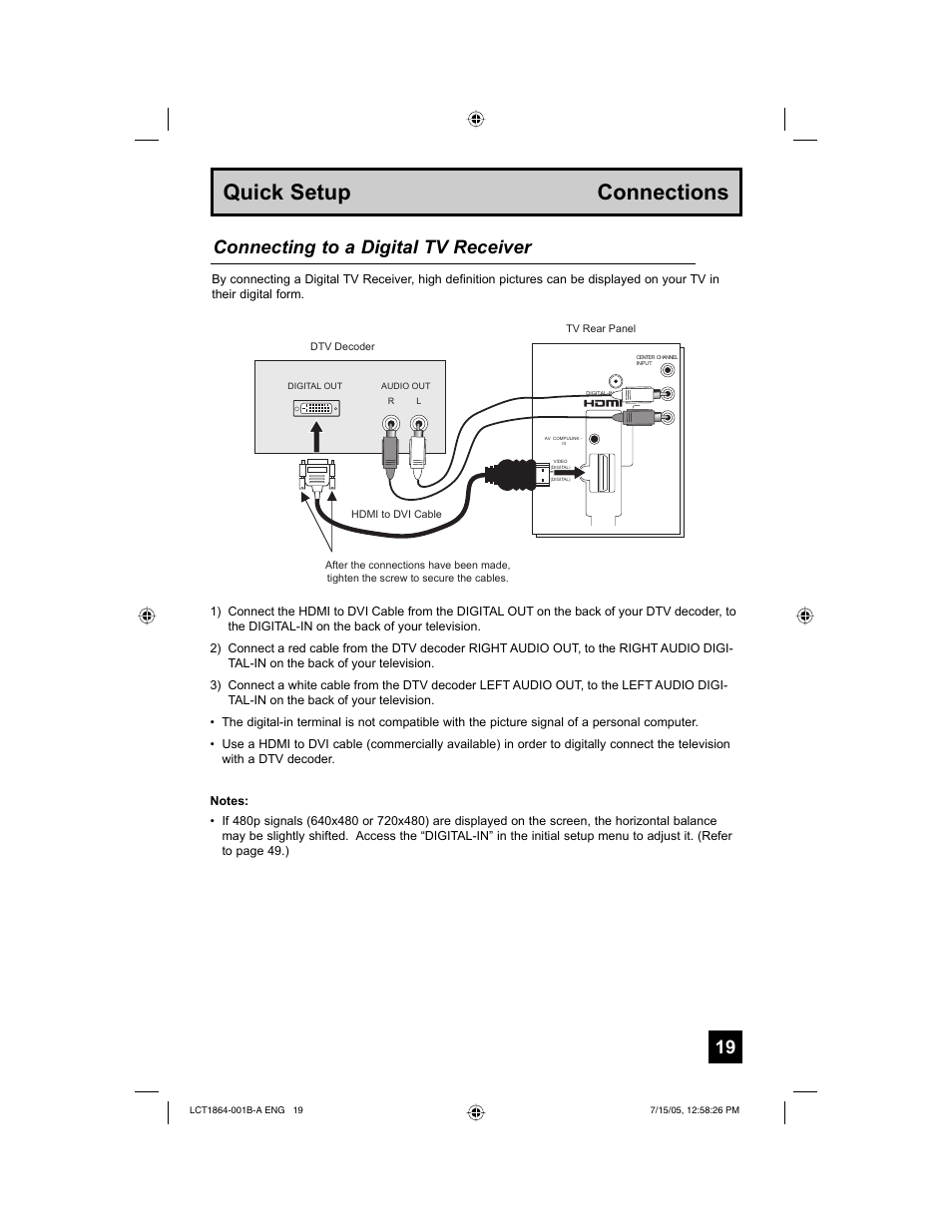 Quick setup connections, Connecting to a digital tv receiver | JVC HD-52G566 User Manual | Page 19 / 80