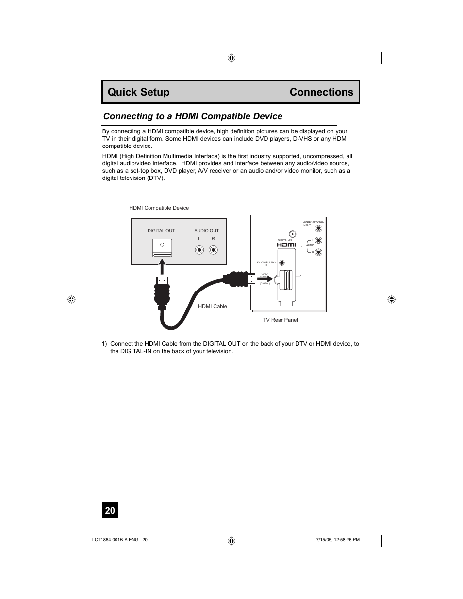 Quick setup connections, Connecting to a hdmi compatible device | JVC HD-52G566 User Manual | Page 20 / 80