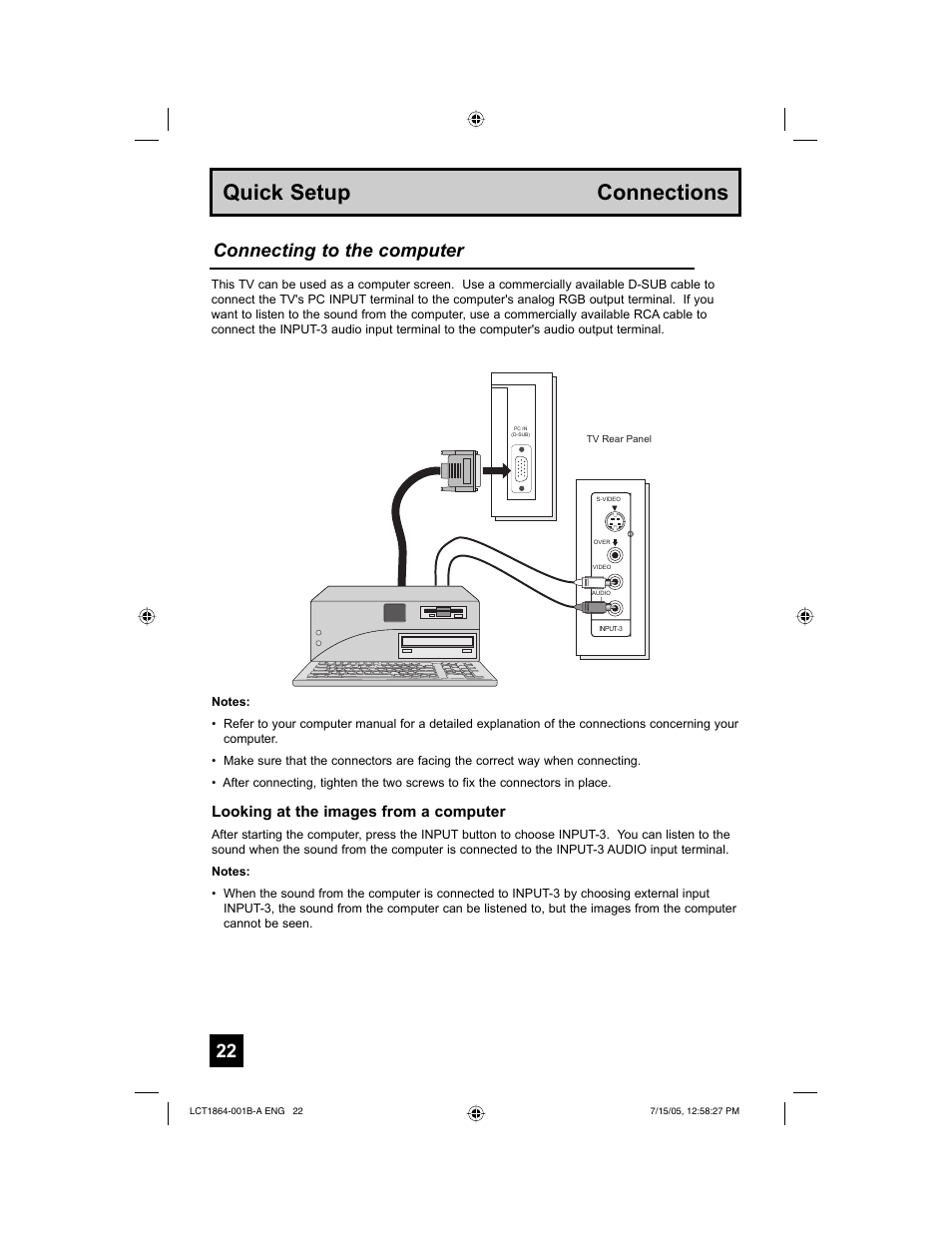 Quick setup connections, Connecting to the computer, Looking at the images from a computer | JVC HD-52G566 User Manual | Page 22 / 80