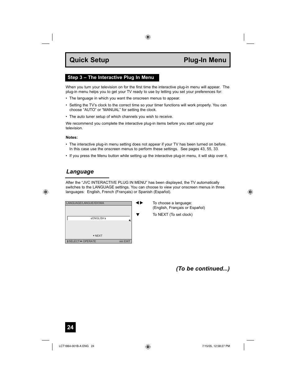 Quick setup plug-in menu, Language (to be continued...) | JVC HD-52G566 User Manual | Page 24 / 80