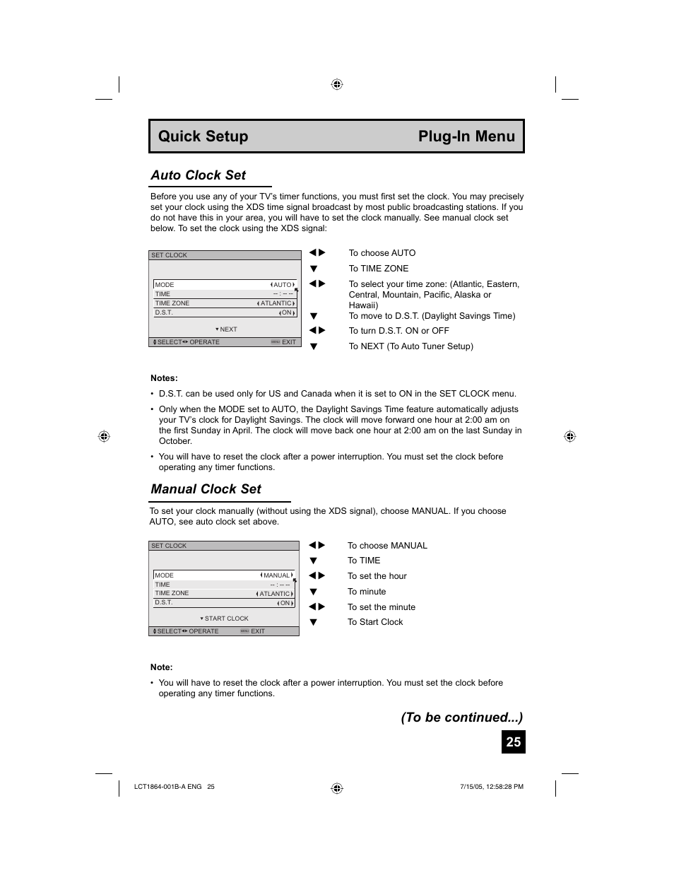 Quick setup plug-in menu, Manual clock set, Auto clock set (to be continued...) | JVC HD-52G566 User Manual | Page 25 / 80