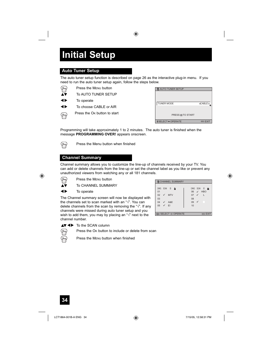 Initial setup, Auto tuner setup, Channel summary | JVC HD-52G566 User Manual | Page 34 / 80