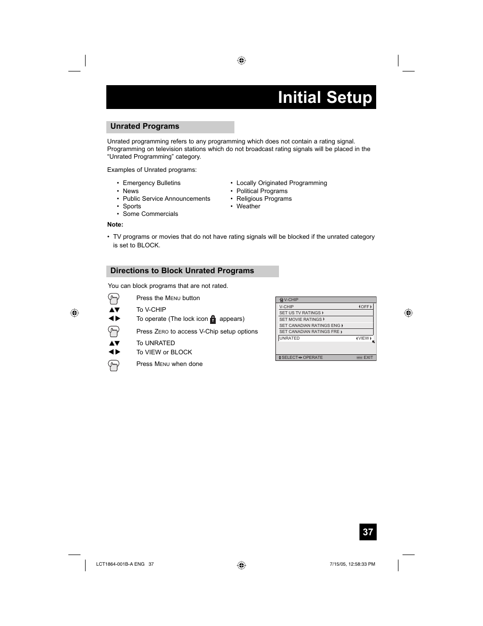 Initial setup, Directions to block unrated programs, Unrated programs | JVC HD-52G566 User Manual | Page 37 / 80