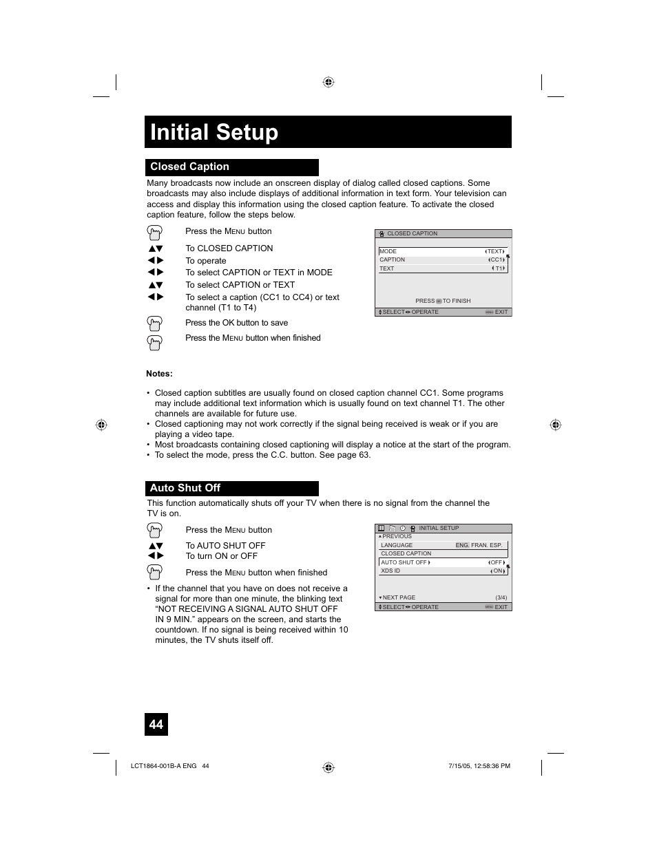 Initial setup, Closed caption, Auto shut off | JVC HD-52G566 User Manual | Page 44 / 80