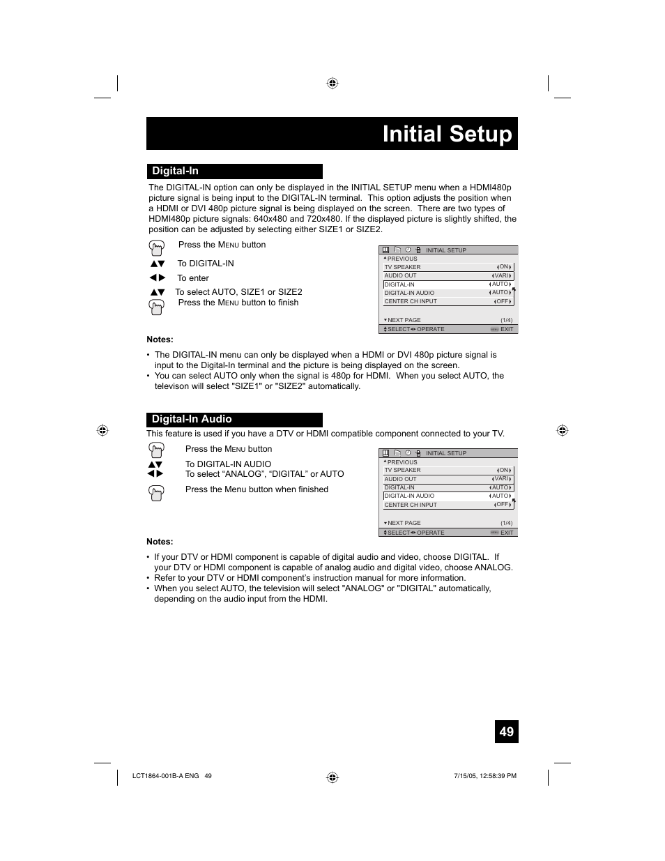 Initial setup, Digital-in, Digital-in audio | JVC HD-52G566 User Manual | Page 49 / 80