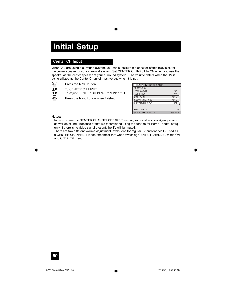 Initial setup, Center ch input | JVC HD-52G566 User Manual | Page 50 / 80