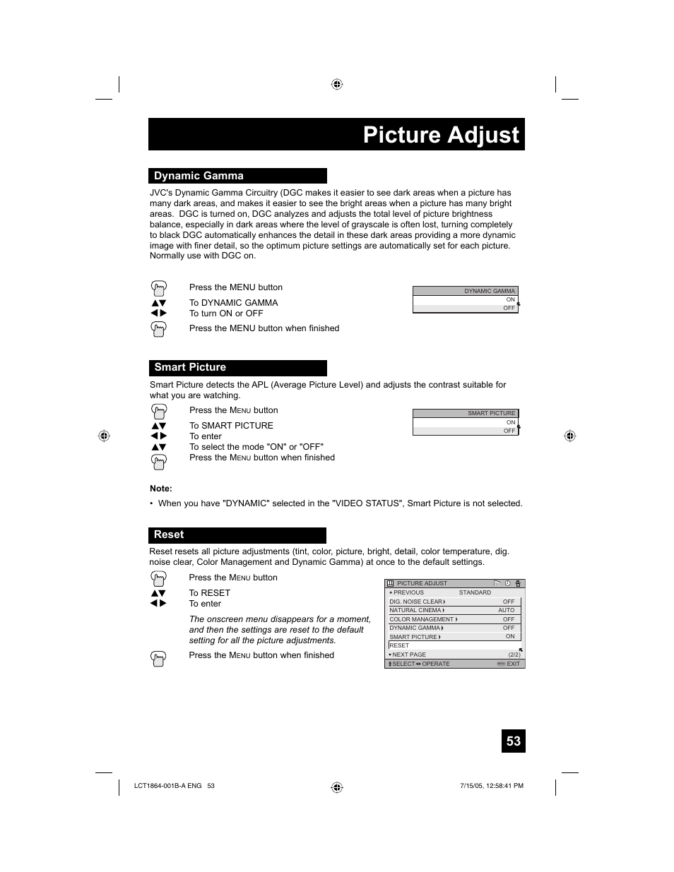 Picture adjust, Reset, Dynamic gamma | Smart picture | JVC HD-52G566 User Manual | Page 53 / 80