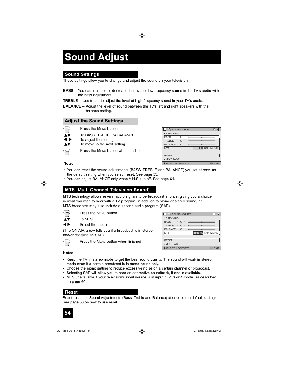 Sound adjust, Reset | JVC HD-52G566 User Manual | Page 54 / 80