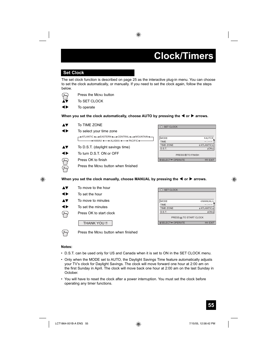 Clock/timers, Set clock | JVC HD-52G566 User Manual | Page 55 / 80