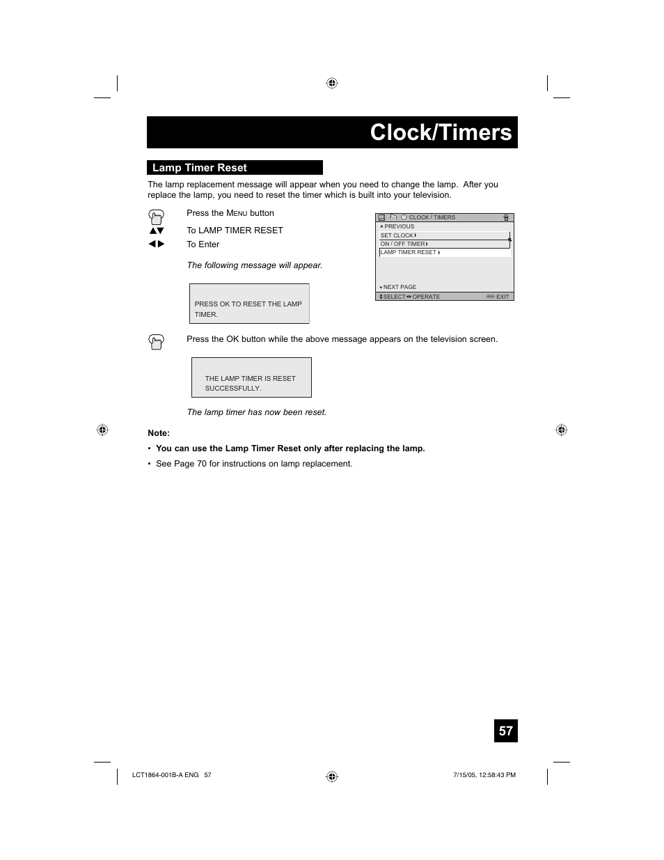 Clock/timers, Lamp timer reset | JVC HD-52G566 User Manual | Page 57 / 80